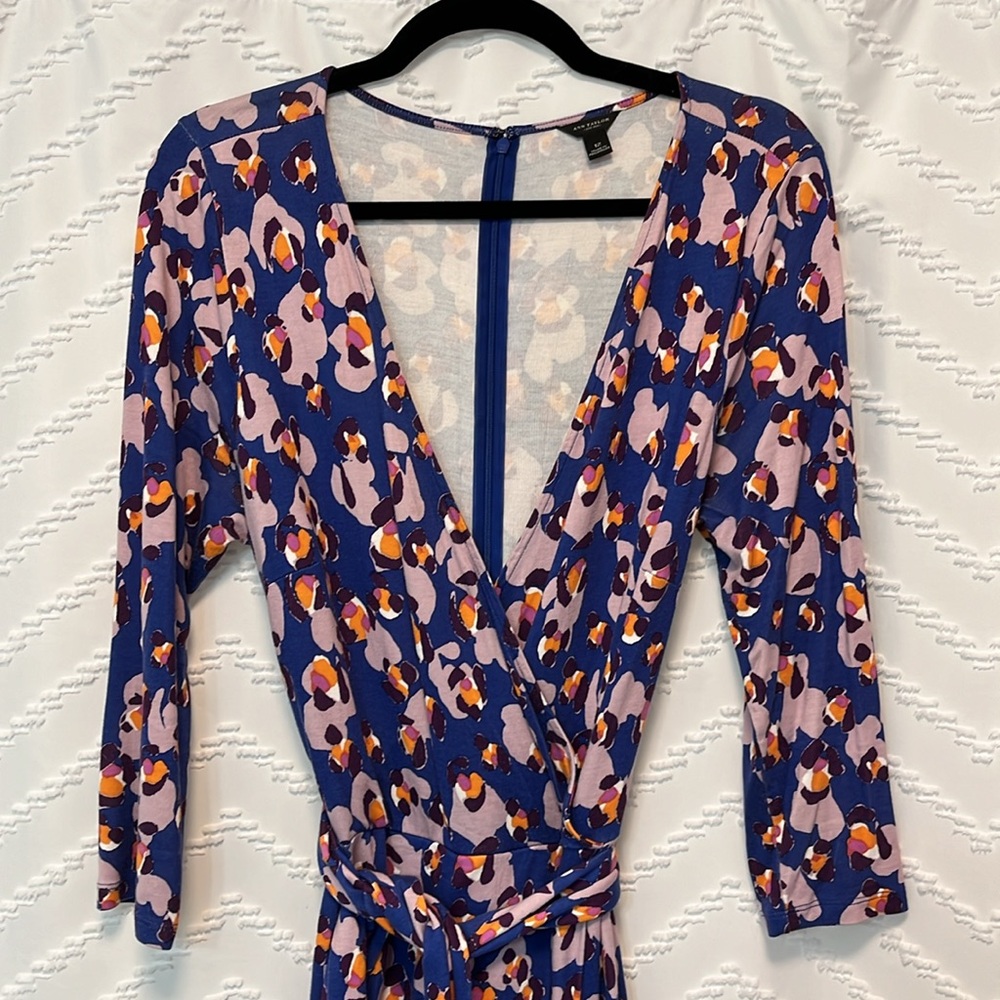 Ann Taylor Blue Wrap Midi Dress with Pink and Orange Abstract Print